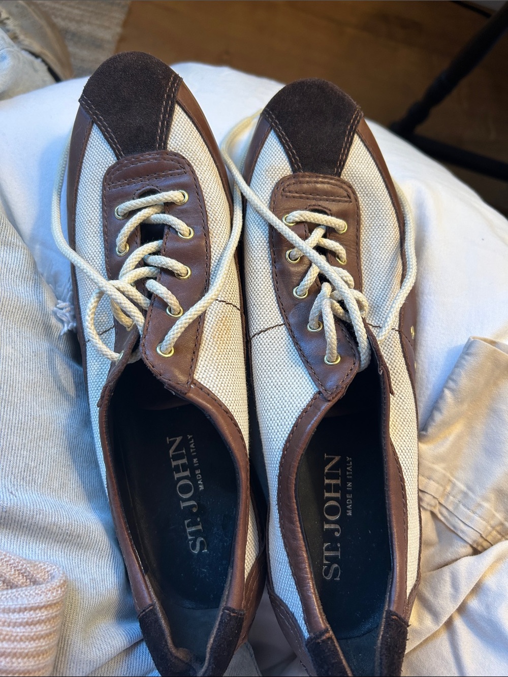 St. John Men’s White Canvas with Brown Leather & Suede Sneakers